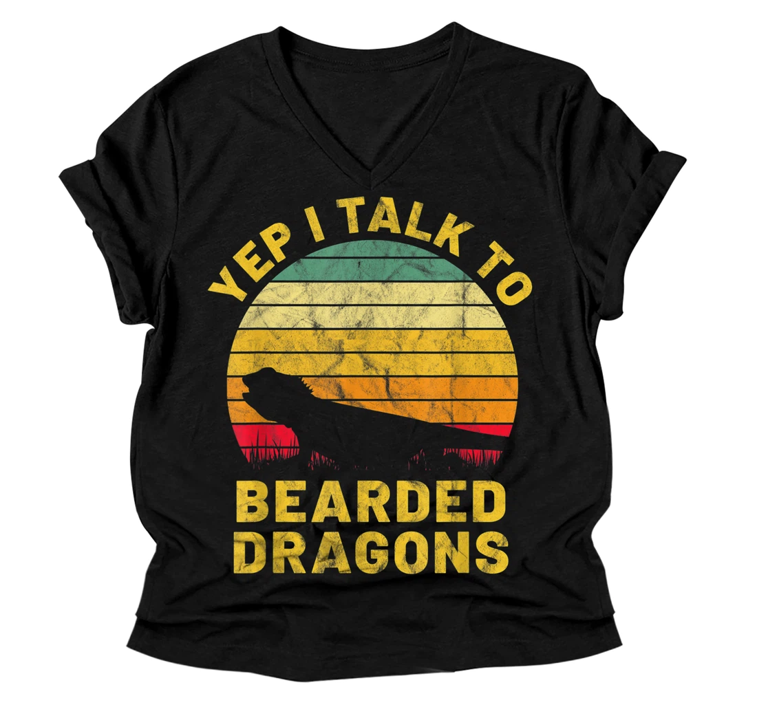 Personalized Yep I Talk To Bearded Dragons Funny Retro Pet Lizard V-Neck T-Shirt
