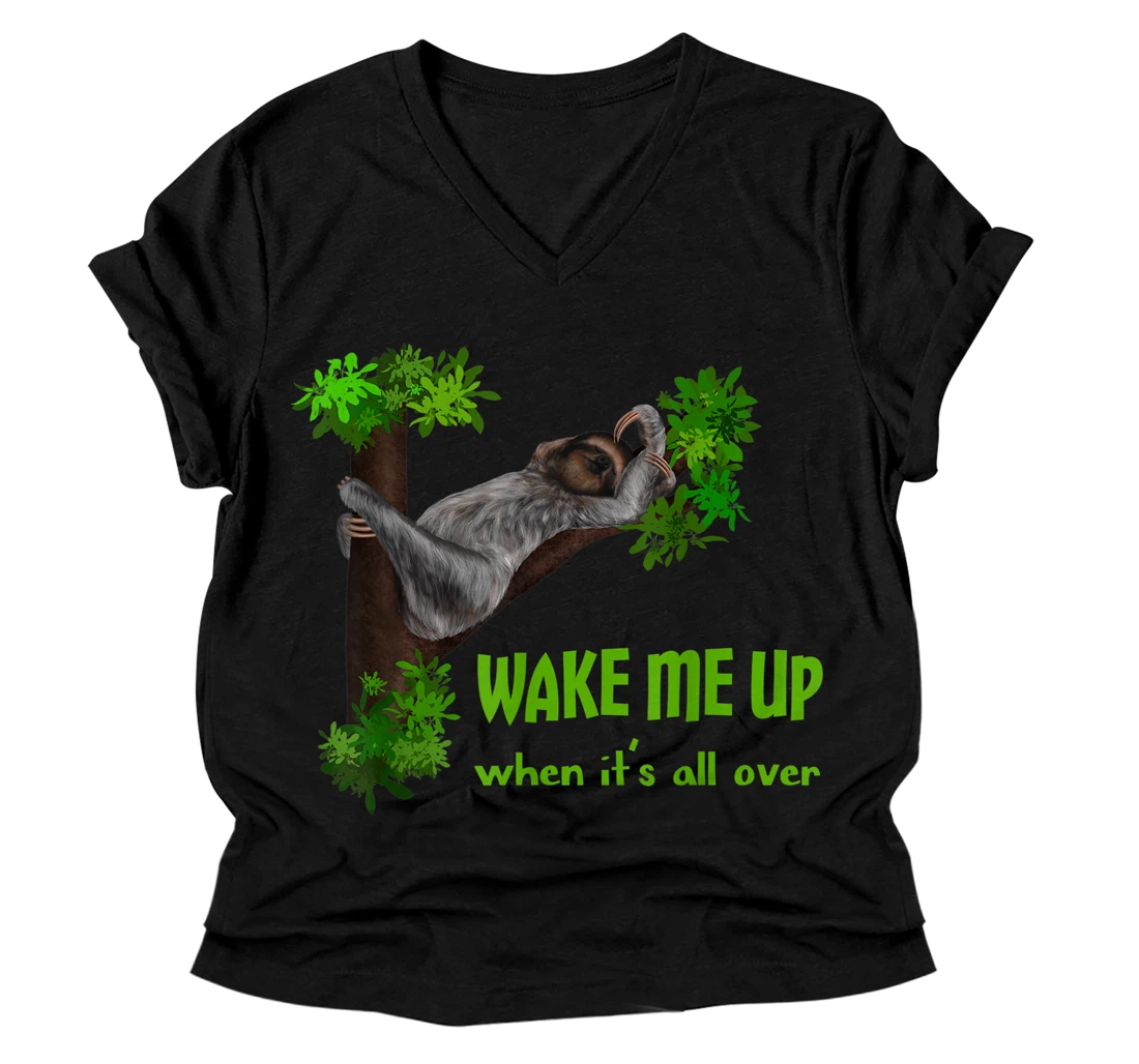 Personalized Sloth - Wake me up when it is all over (D010-1367A) V-Neck T-Shirt