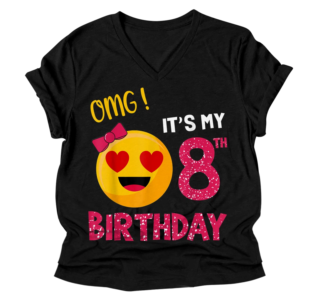 Personalized OMG It's My 8th Birthday 8 Years Old Girls Emoji Birthday V-Neck T-Shirt