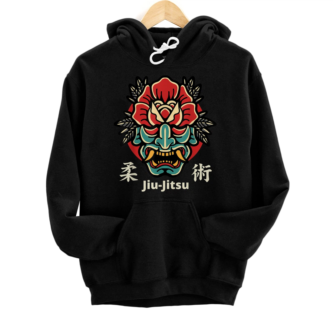 Personalized Japanese Demon Oni Mask, Kabuki Jiu-jitsu Kanji Pullover Hoodie