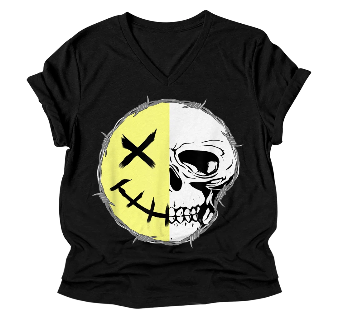 Smiley Face Skull V-Neck T-Shirt