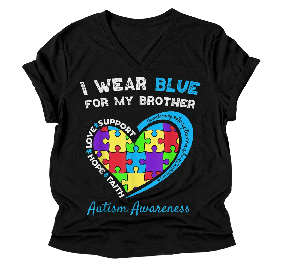 Personalized I Wear Blue For My Brother Kids Autism Awareness Sister Boys V-Neck T-Shirt