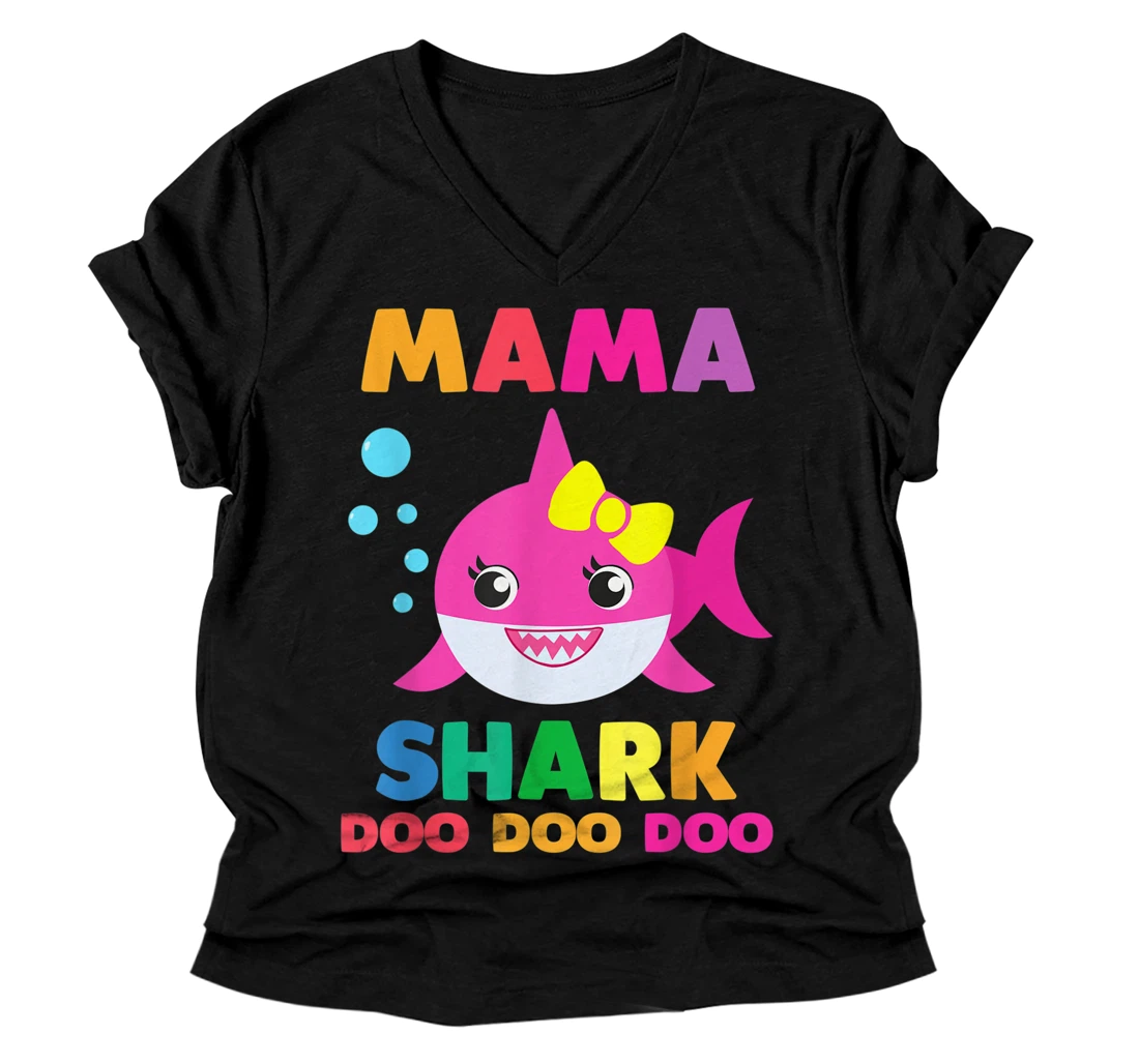 Personalized Mama Shark V-Neck T-Shirt Doo Doo Funny Baby Mommy Kids V-Neck T-Shirt