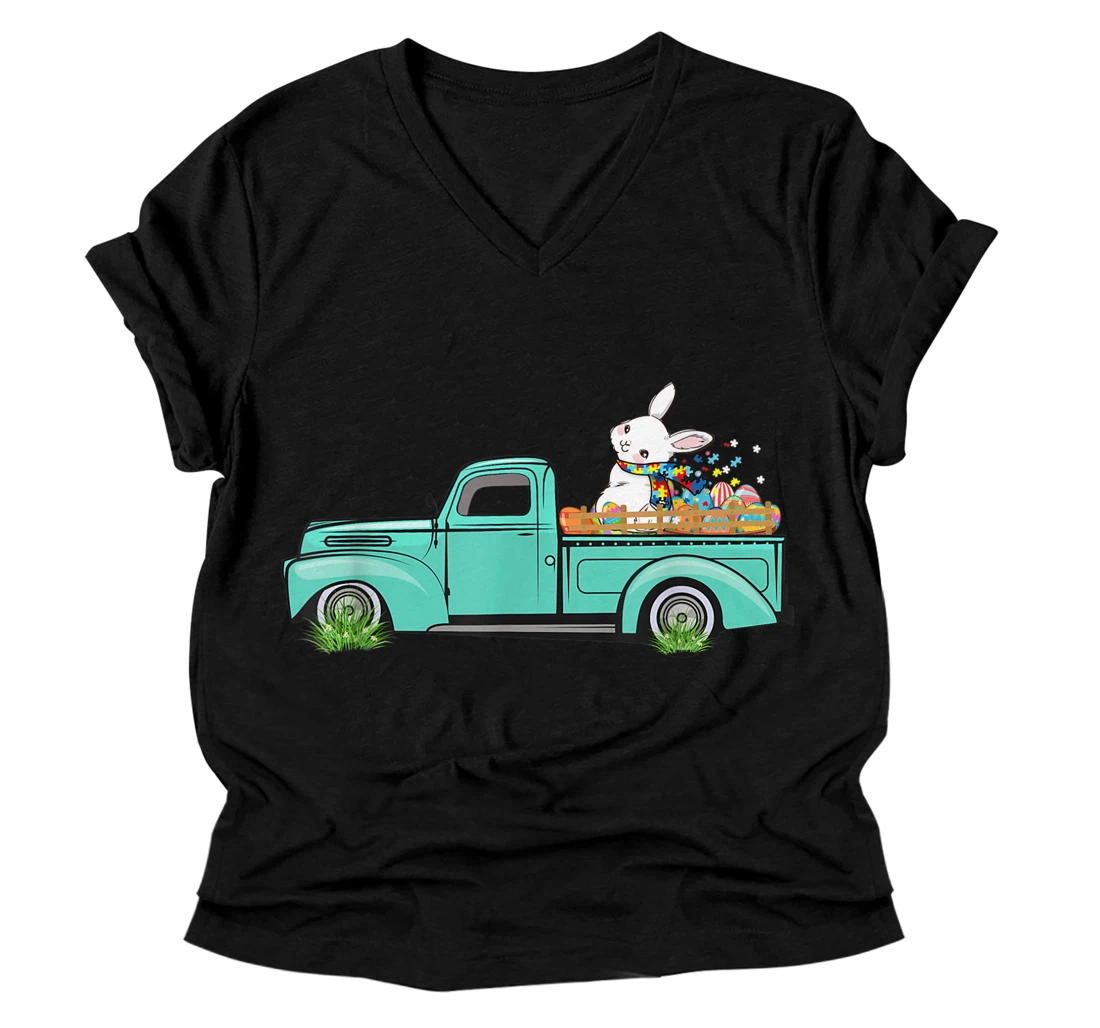 Vintage Easter Truck Bunny Eggs Hunting Autism Awareness Tee V-Neck T-Shirt