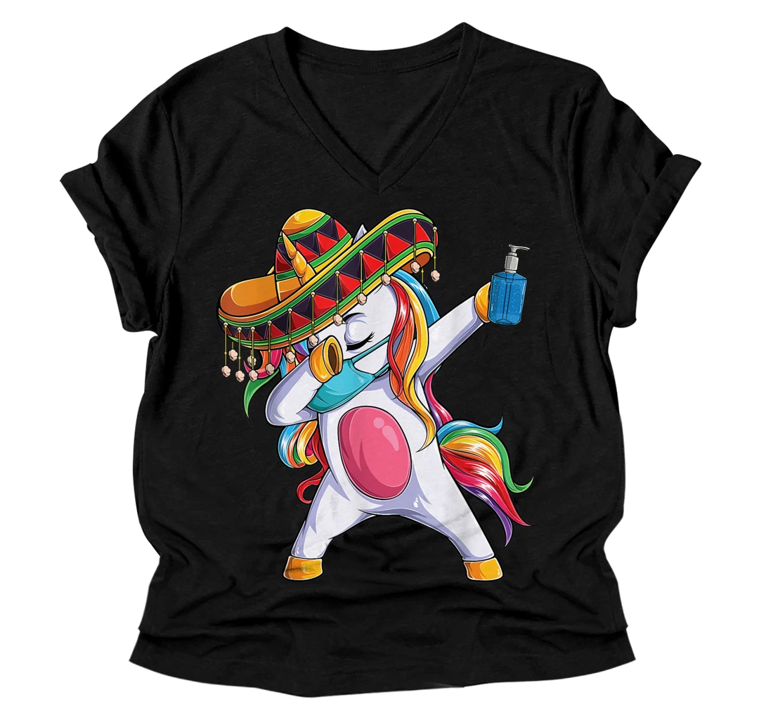 Personalized Dabbing Unicorn Cinco de Mayo 2021 Kids Girls Women Mexican V-Neck T-Shirt
