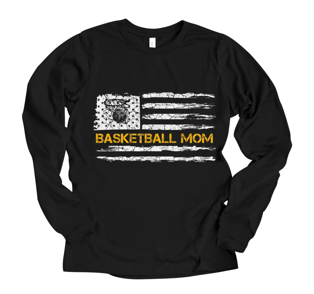 Personalized Vintage USA American Flag Proud Basketball Mom Silhouette Long Sleeve T-Shirt
