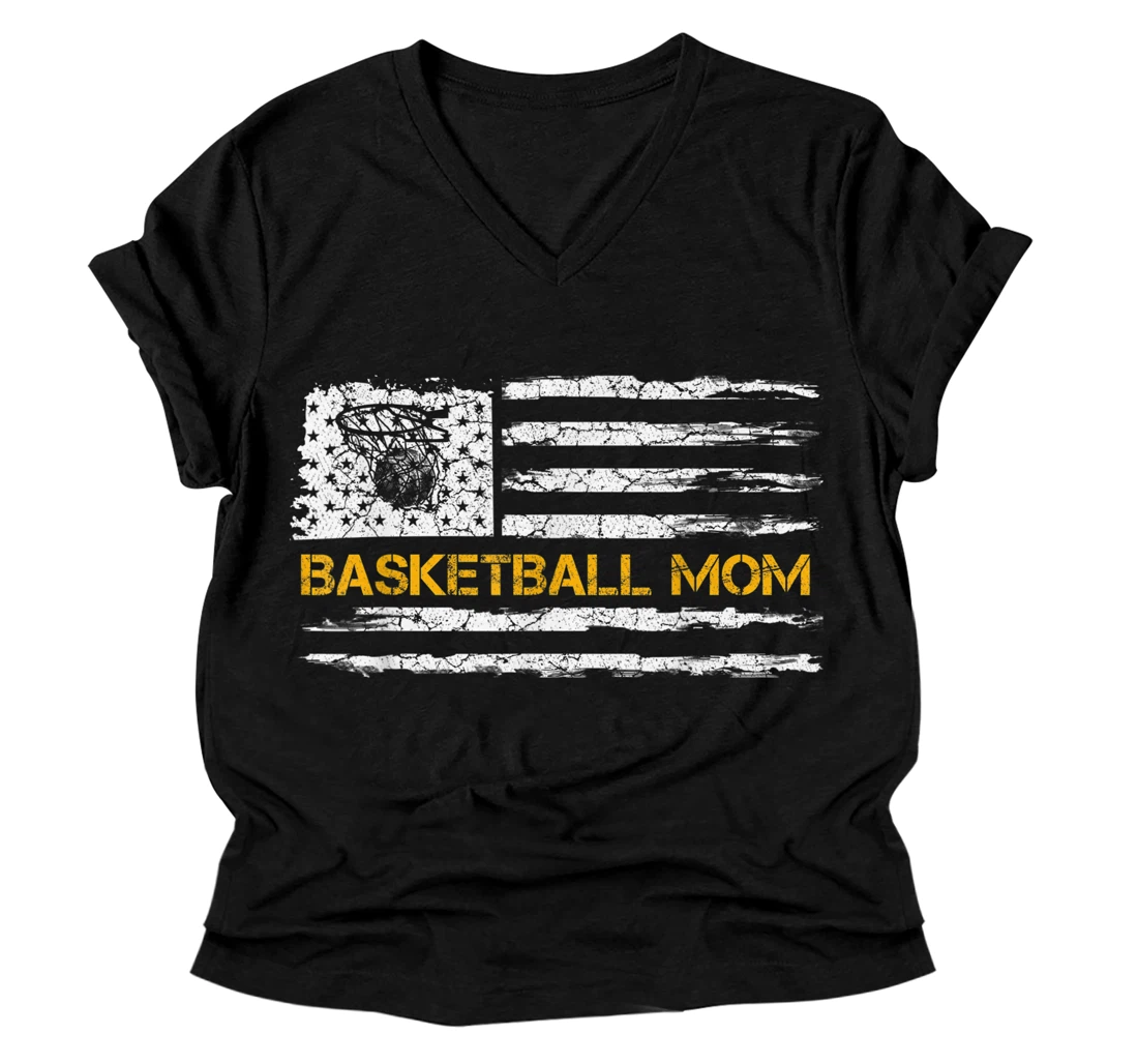 Personalized Vintage USA American Flag Proud Basketball Mom Silhouette V-Neck T-Shirt