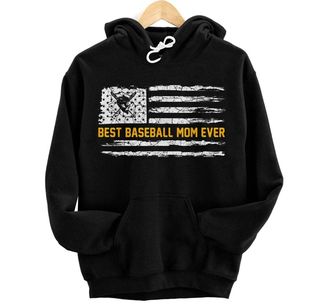 Personalized Vintage USA American Flag Best Baseball Mom Ever Silhouette Pullover Hoodie