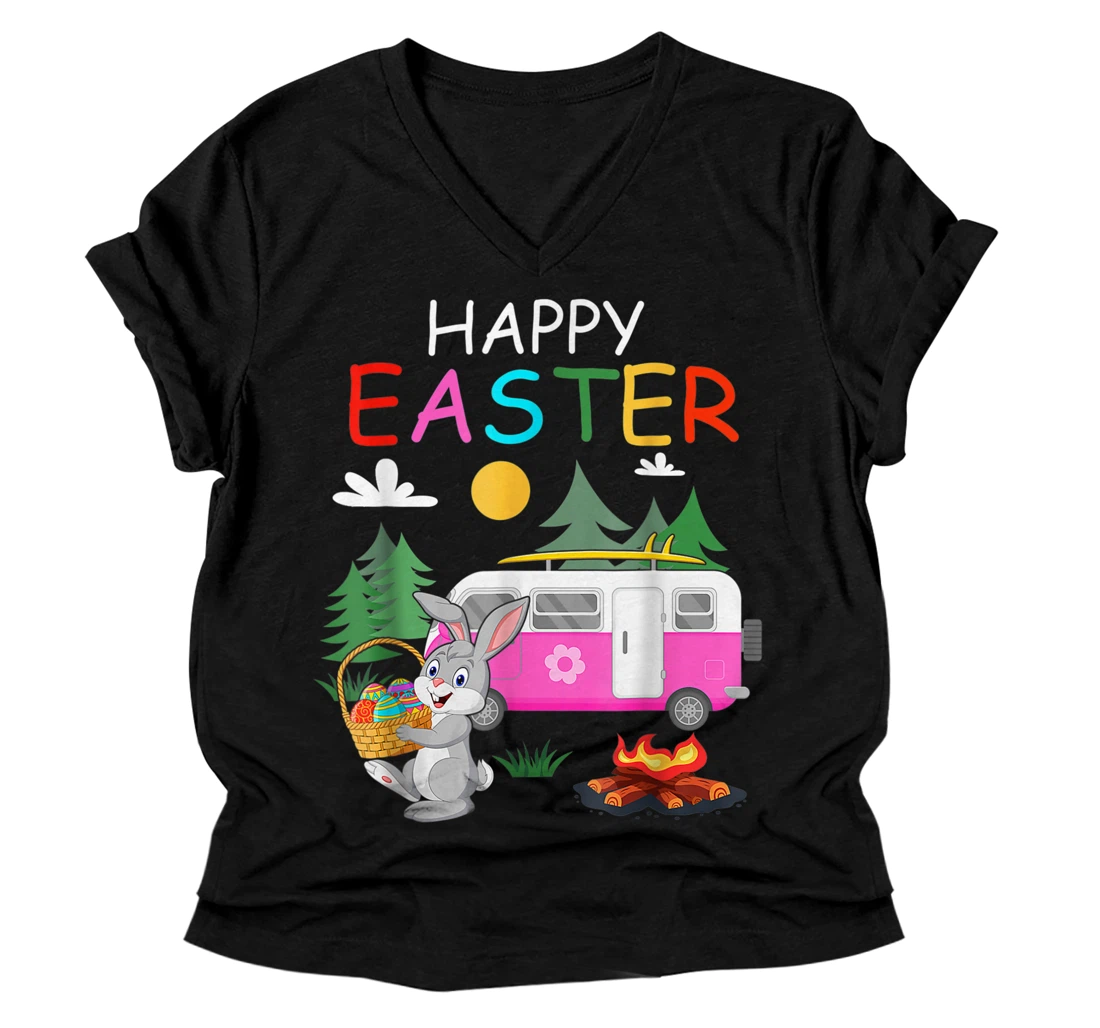 Personalized Cute Bunny Eggs Easter Camping Happy Easter Day 2021 V-Neck T-Shirt