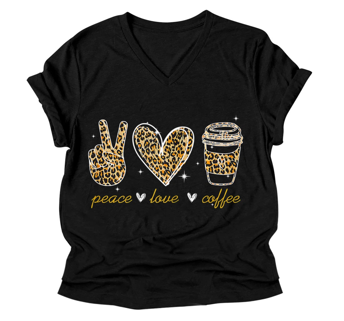 Personalized Womens Leopard Peace Love Coffee Lovers Hippie Gifts V-Neck T-Shirt V-Neck T-Shirt