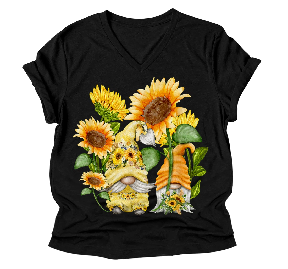 Personalized Unique Sunflower Gnome For Hippies And Spring Time - Floral V-Neck T-Shirt