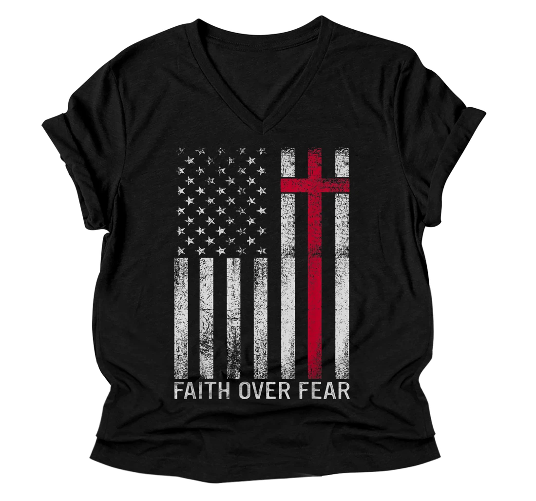 Personalized Faith Over Fears Cool Christian Cross American USA Flag Gym V-Neck T-Shirt