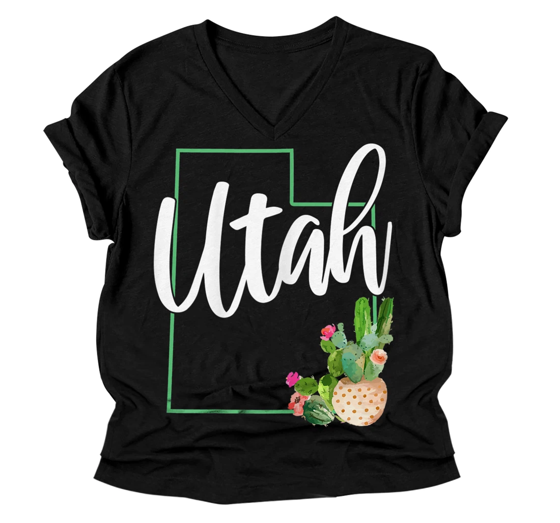 Personalized Womens Utah Pride State Map Cactus Vintage Utah V-Neck T-Shirt