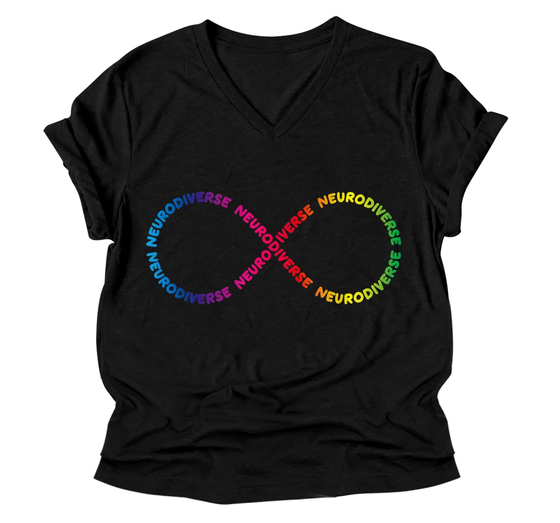 Personalized Neurodiverse Rainbow Autism Awareness Infinity Ribbon V-Neck T-Shirt