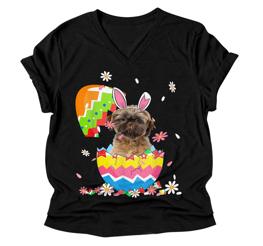 Personalized Cute Shih Tzu Egg Shirt Easter Day Dog Dad Dog Mom V-Neck T-Shirt