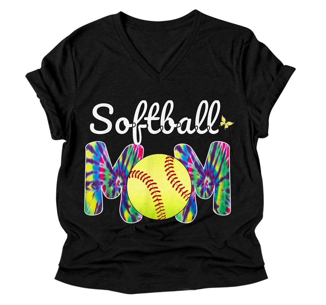 Personalized Baseball Mom Love Tie Dye Softball Mom Mother´s Day V-Neck T-Shirt