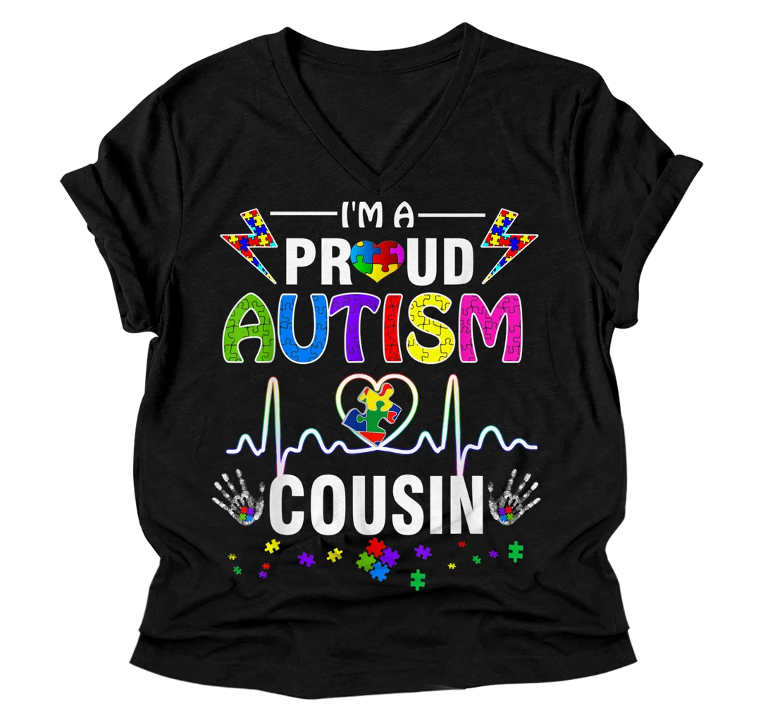Personalized I'm A Proud Autism Cousin Shirt | Women Mens Girls Heart V-Neck T-Shirt