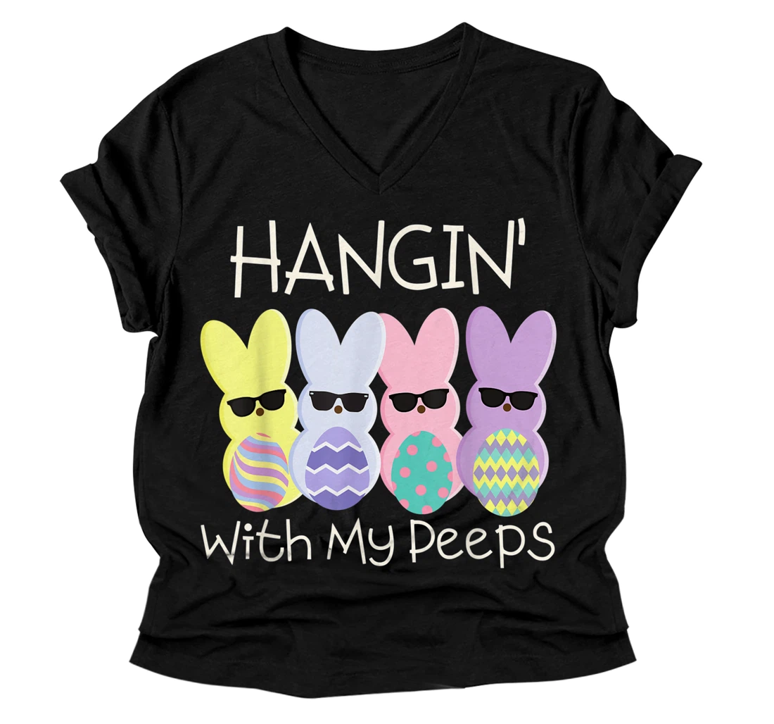 Personalized Hangin With My Peeps Cute Bunny Easter Family V-Neck T-Shirt
