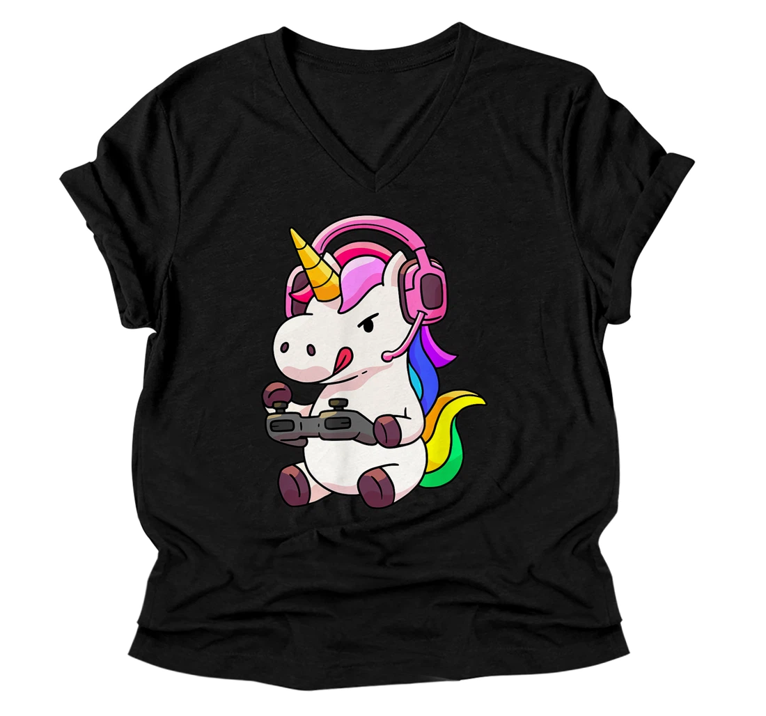 Gaming Unicorn Girl Gamer Cute Birthday Women Girls V-Neck T-Shirt