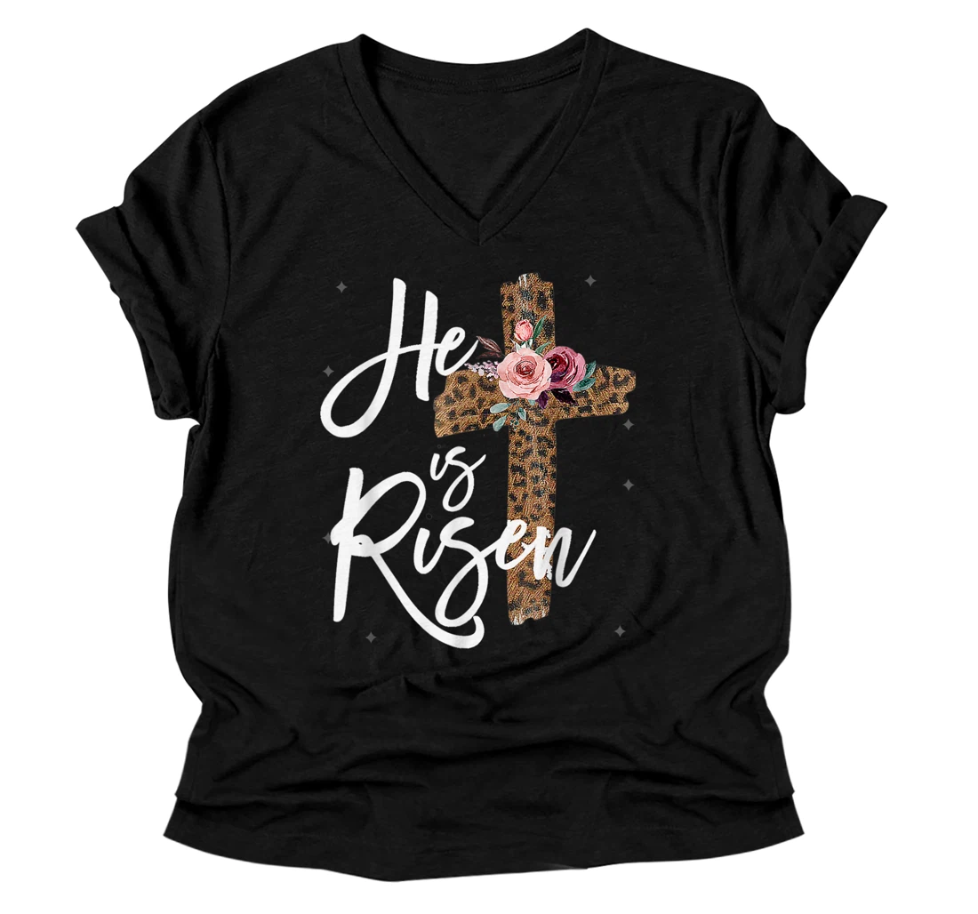 He has Risen Easter Day Shirt Jesus Cross Leopard V-Neck T-Shirt