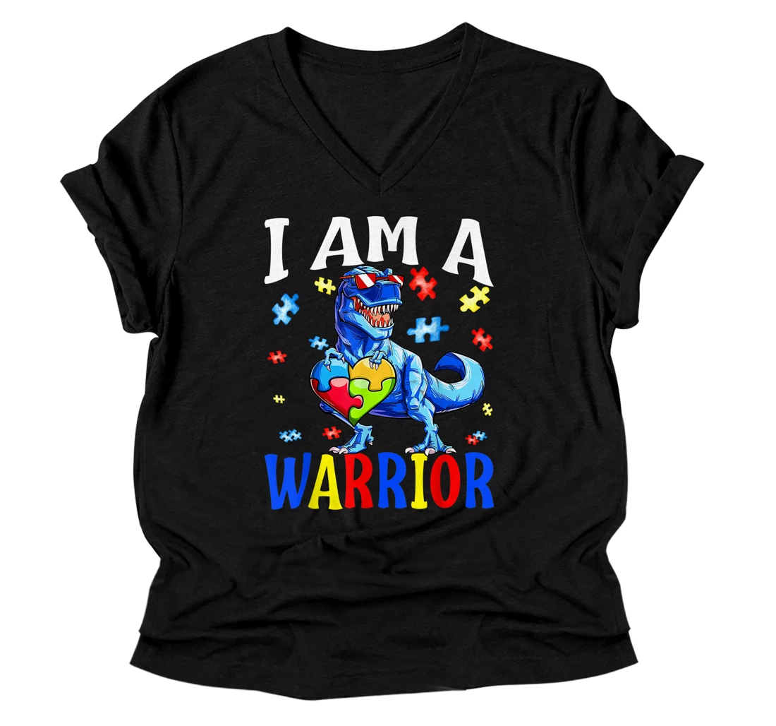 I Am A Warrior Autism Family Dinosaur Autism Awareness V-Neck T-Shirt