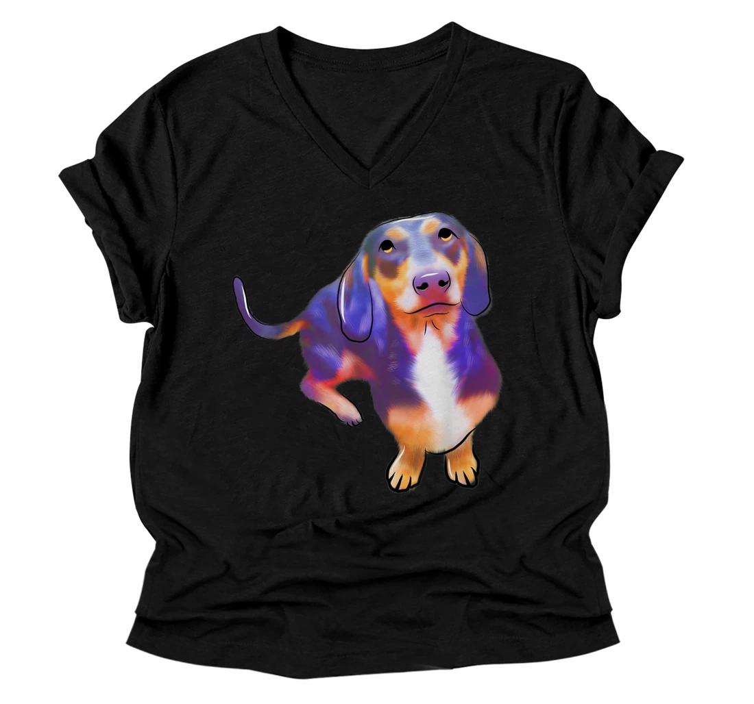 Personalized Colorful Splash Art Dachshund Dog Doxie Wiener Puppy Lover V-Neck T-Shirt