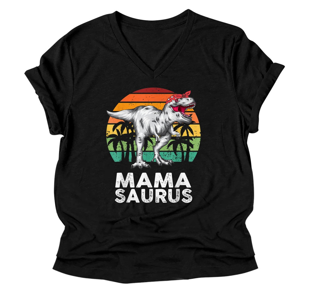 Personalized Mamasaurus Funny T Rex Dinosaur Mama Saurus Family Matching V-Neck T-Shirt