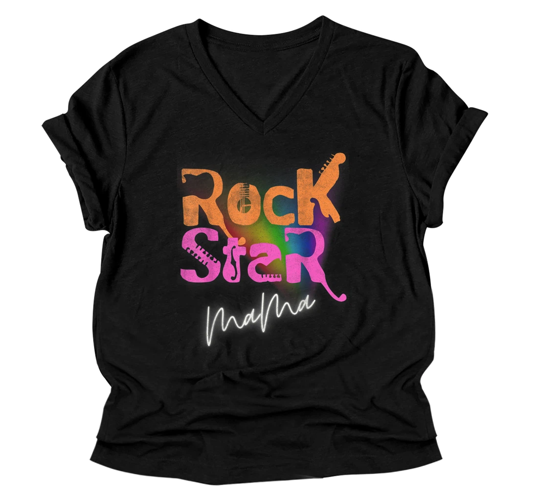 Personalized MaMa Rock-Star Music-Lover Mothers-Day Rainbow Distressed V-Neck T-Shirt