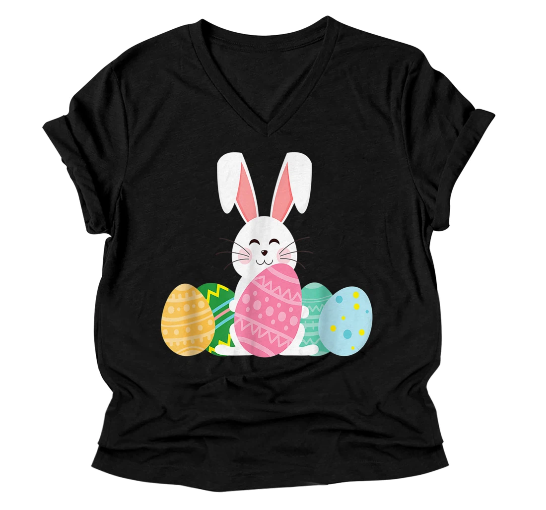 Personalized Cute Easter V-Neck T-Shirt Bunny Tee for Kids Egg Hunt V-Neck T-Shirt