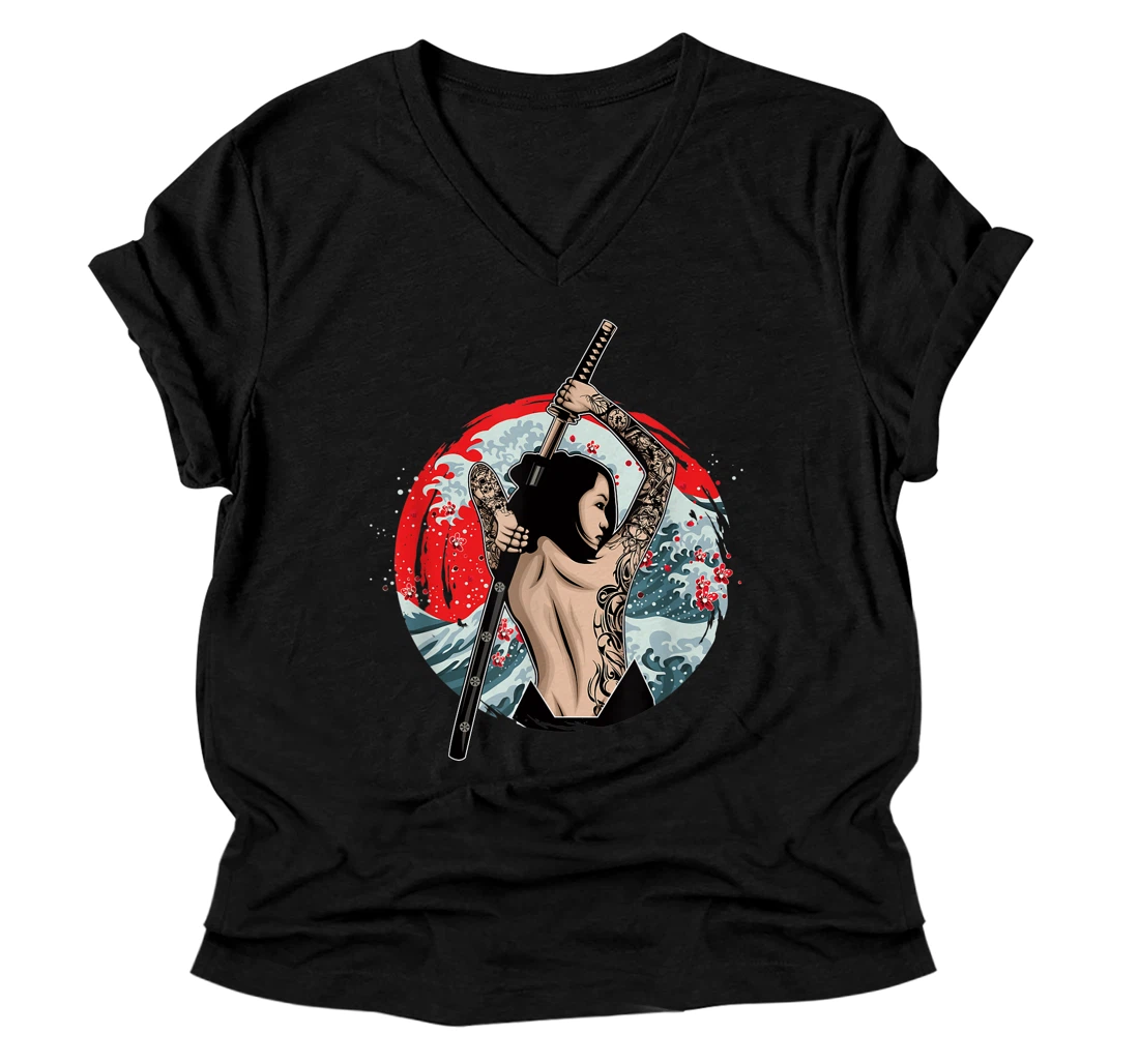 Personalized Japanese Girl Samurai Sinobi Fighter Ninja Martial Art Kendo V-Neck T-Shirt
