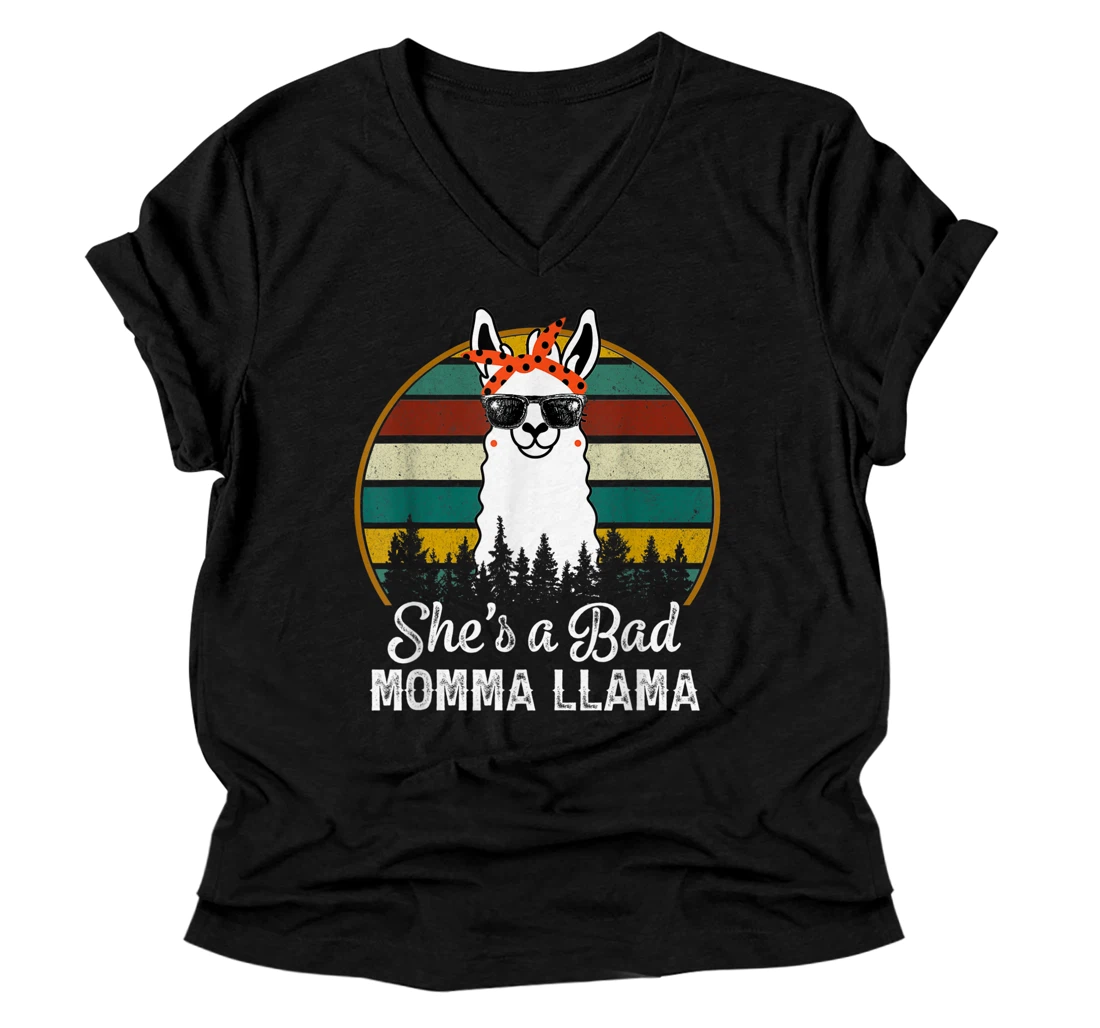 Funny Shirt She's a Bad Momma Llama V-Neck T-Shirt Mama V-Neck T-Shirt