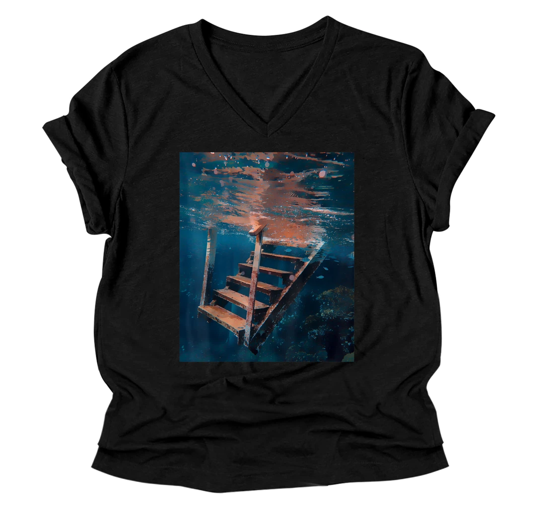 Watercolor underwater pier V-Neck T-Shirt