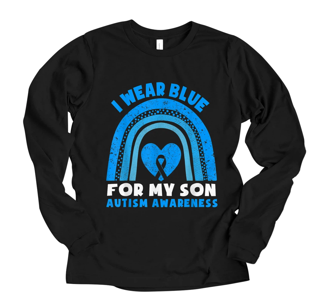 I Wear Blue For My Son Autism Awareness Day Rainbow Dad Mom Long Sleeve T-Shirt