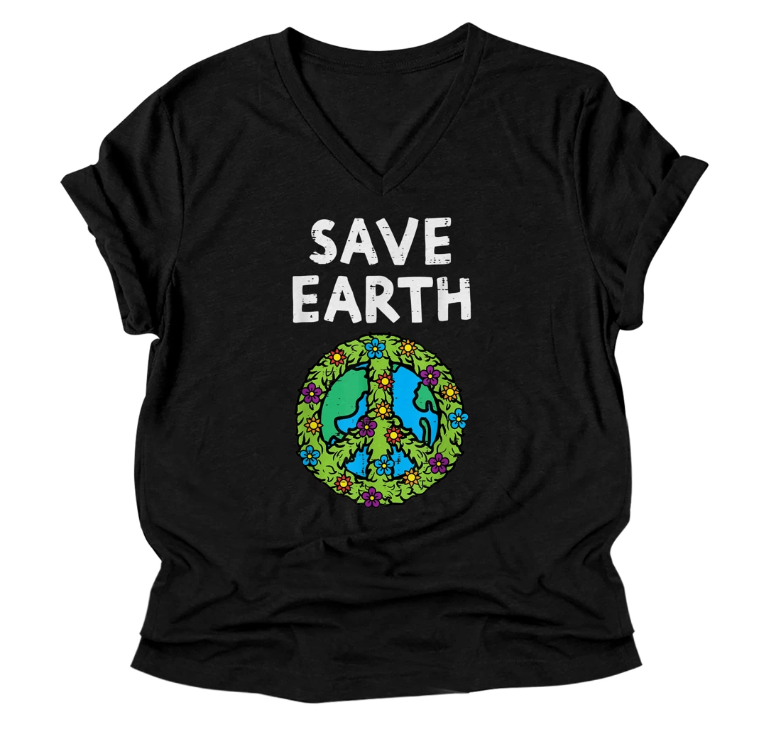 Save Earth Peace Symbol Sign Flowers Environmental Hippie V-Neck T-Shirt