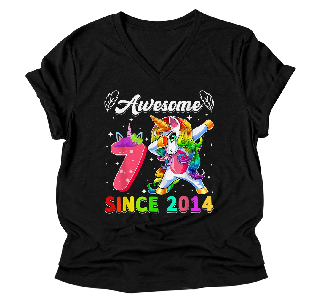 Awesome 2014 Unicorn Dabbing 7 Years Old Girl Unicorn Party V-Neck T-Shirt