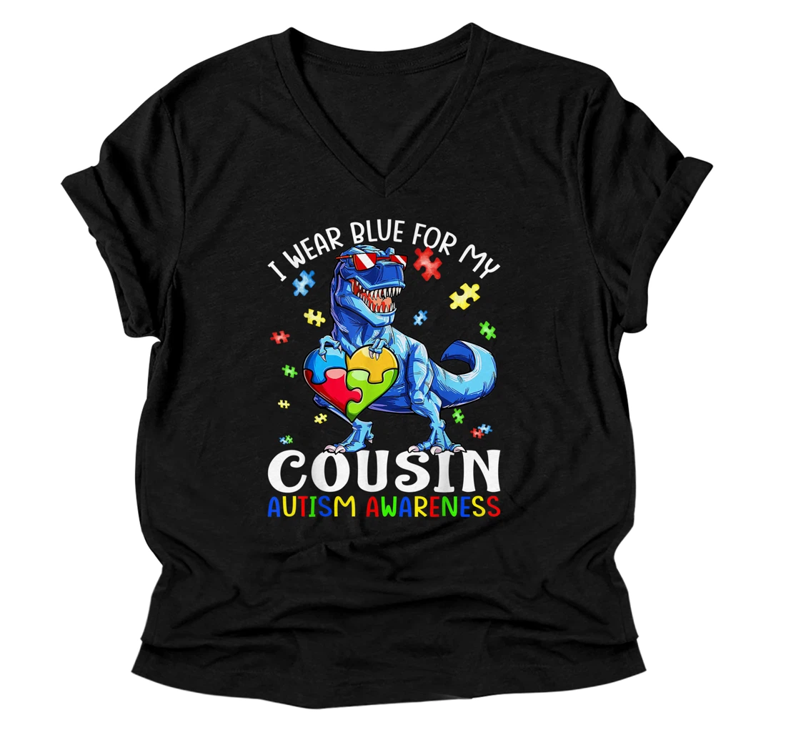 I Wear Blue For My Cousin Autism Awareness Dinosaur V-Neck T-Shirt