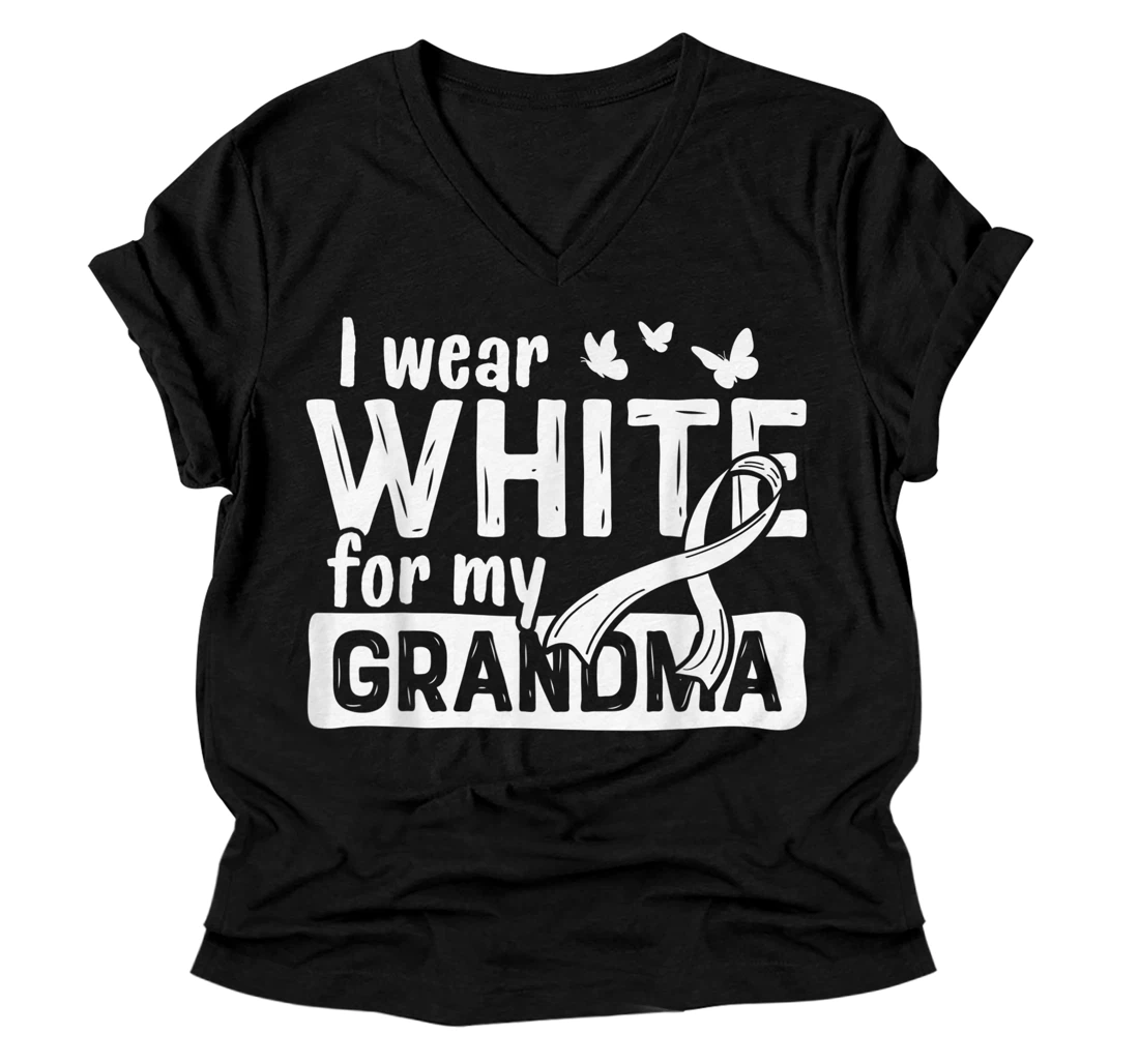 Personalized White for My Grandma Lung Cancer Awareness Ribbon V-Neck T-Shirt
