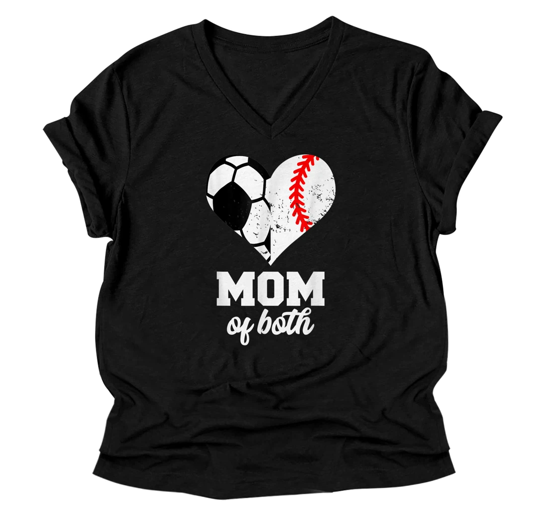 Personalized Funny Mom Of Both Ball Mom Heart Funny Soccer Baseball Mom V-Neck T-Shirt