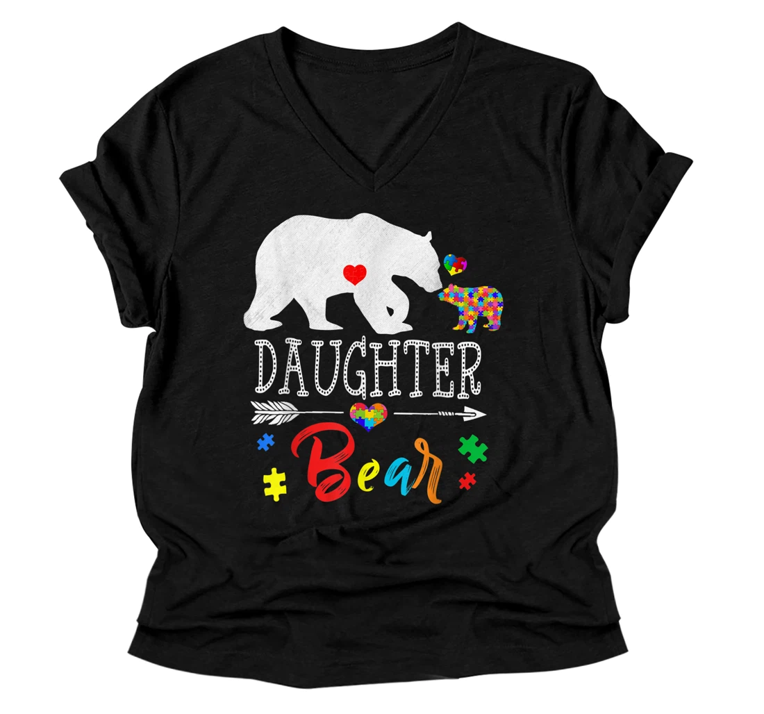 Womens Daughter Bear Autism Awareness V-Neck T-Shirt Autism Family V-Neck T-Shirt