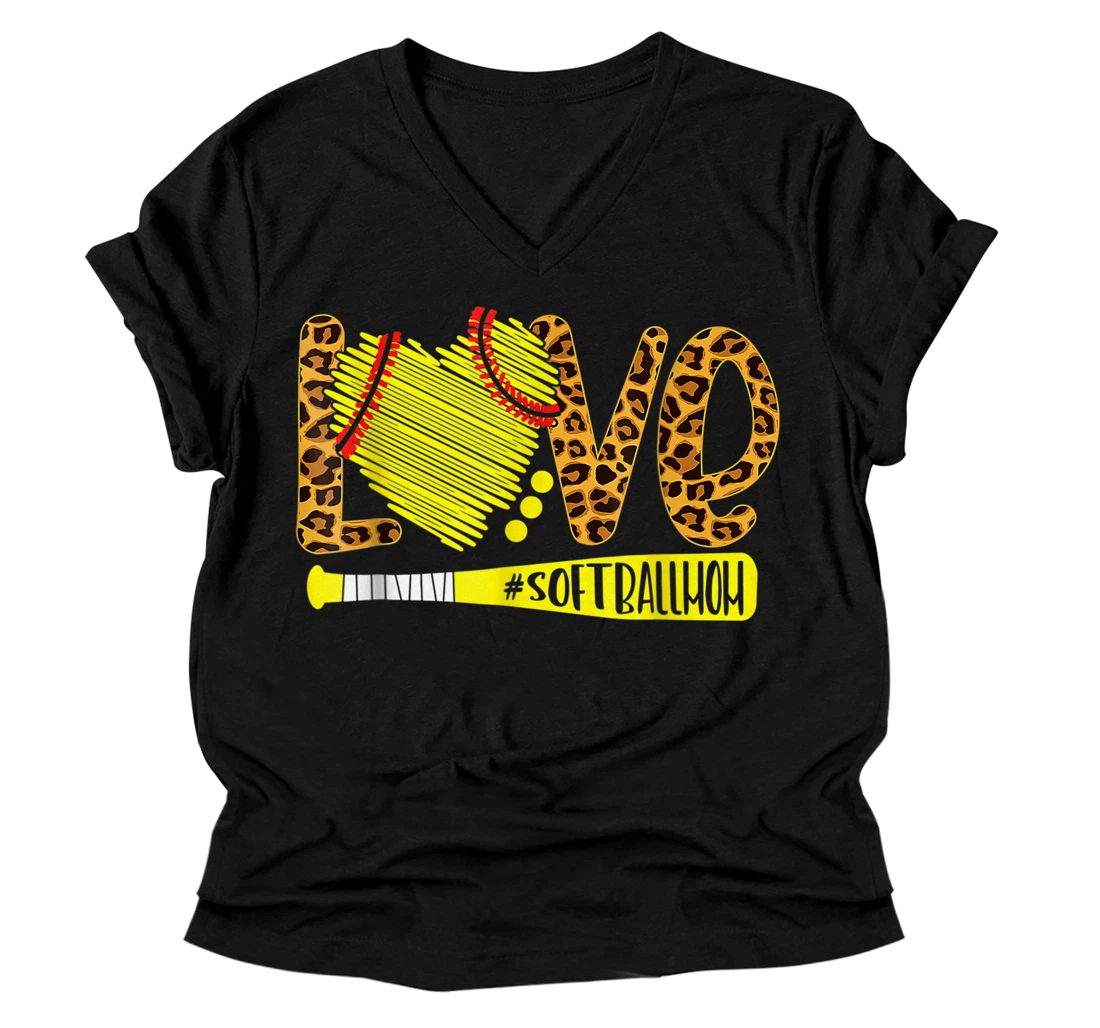 Personalized Love Softball Mom Leopard Print Baseball Lover Mother's Day V-Neck T-Shirt