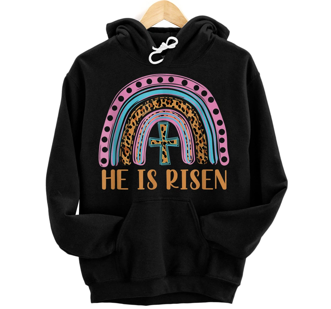 Personalized He Is Risen Leopard Rainbow Christian Jesus Happy Easter Day Pullover Hoodie