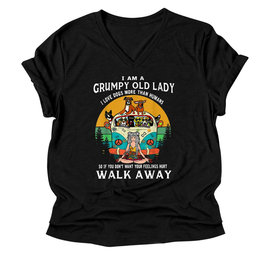 Personalized I Am A Grumpy Old Lady I Love Dogs Than Humans Hippie V-Neck T-Shirt