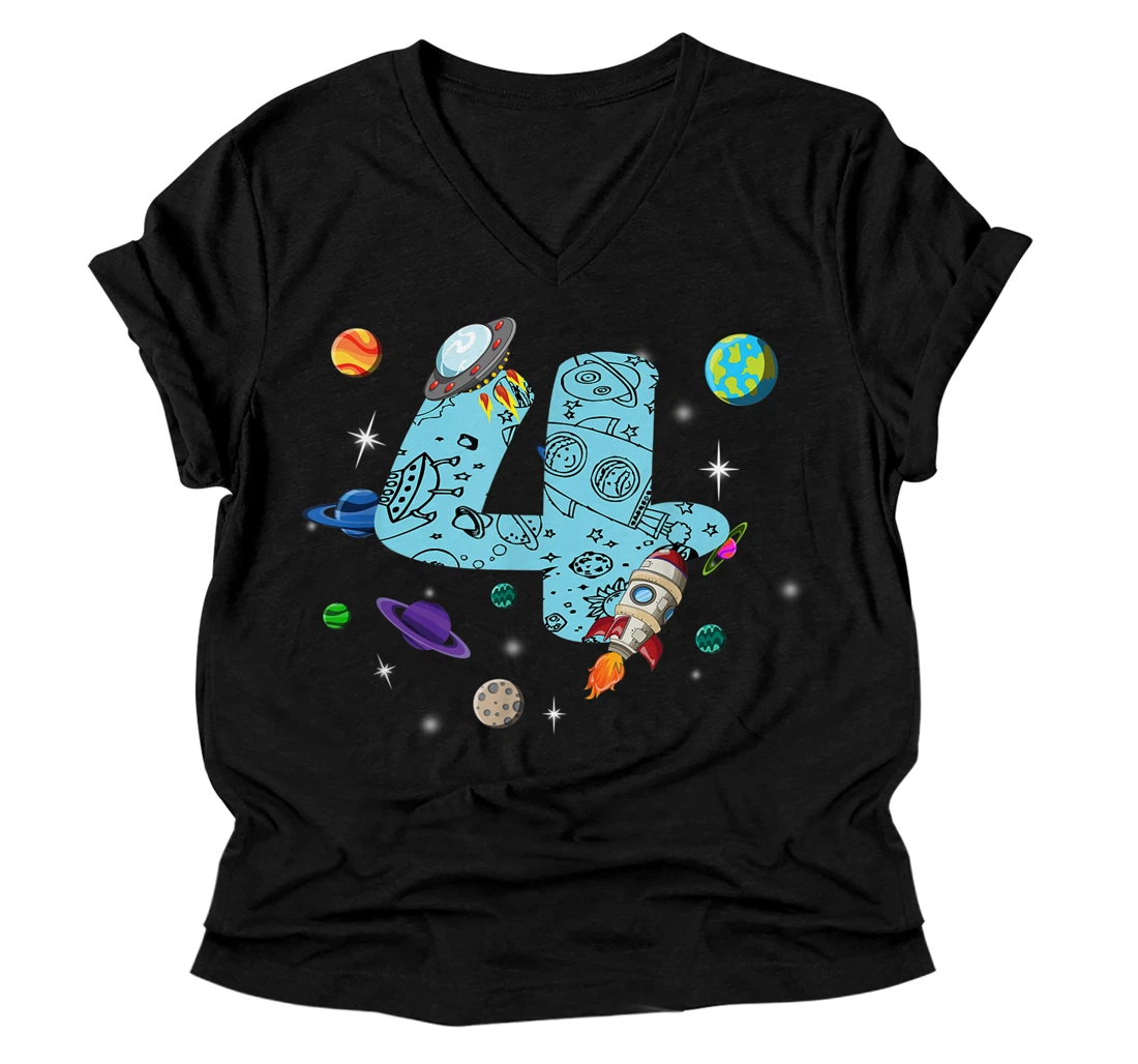 4 Years Old Birthday Boy Gifts Space 4th Birthday V-Neck T-Shirt