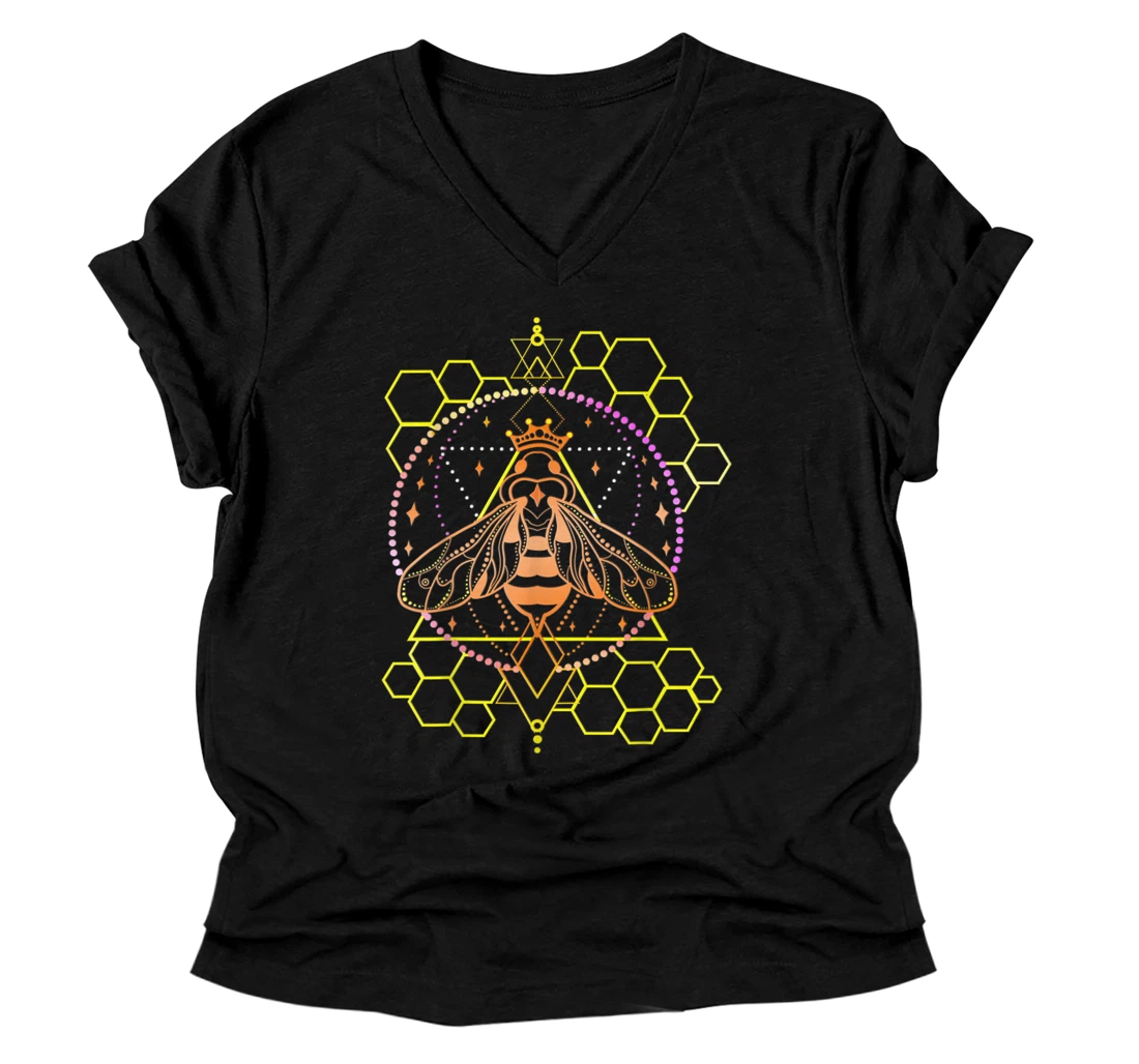 Personalized Graphic Geometric Orange Gradient Bumble Bee and Honeycomb V-Neck T-Shirt