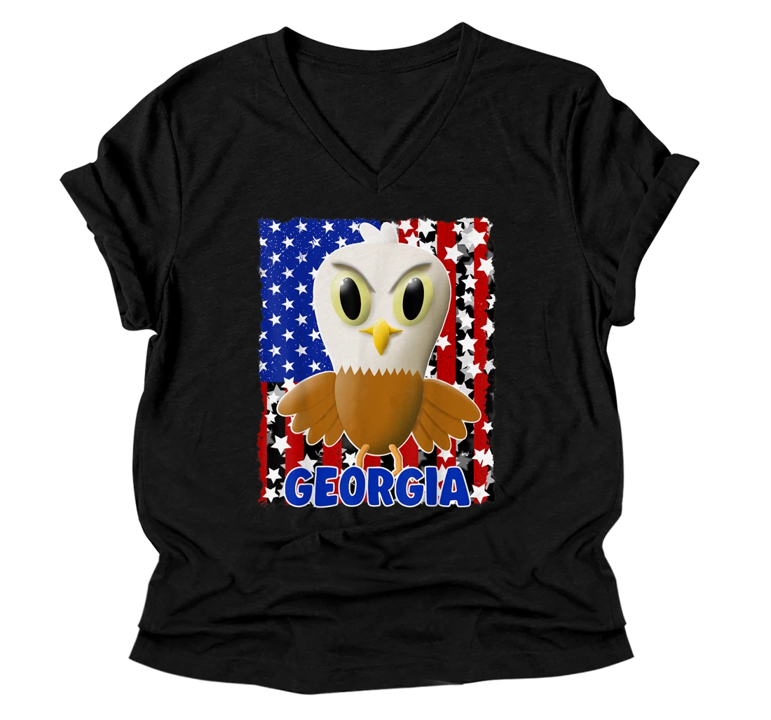Personalized Kids Georgia Bald Eagle V-Neck T-Shirt American Flag Boys Girls V-Neck T-Shirt