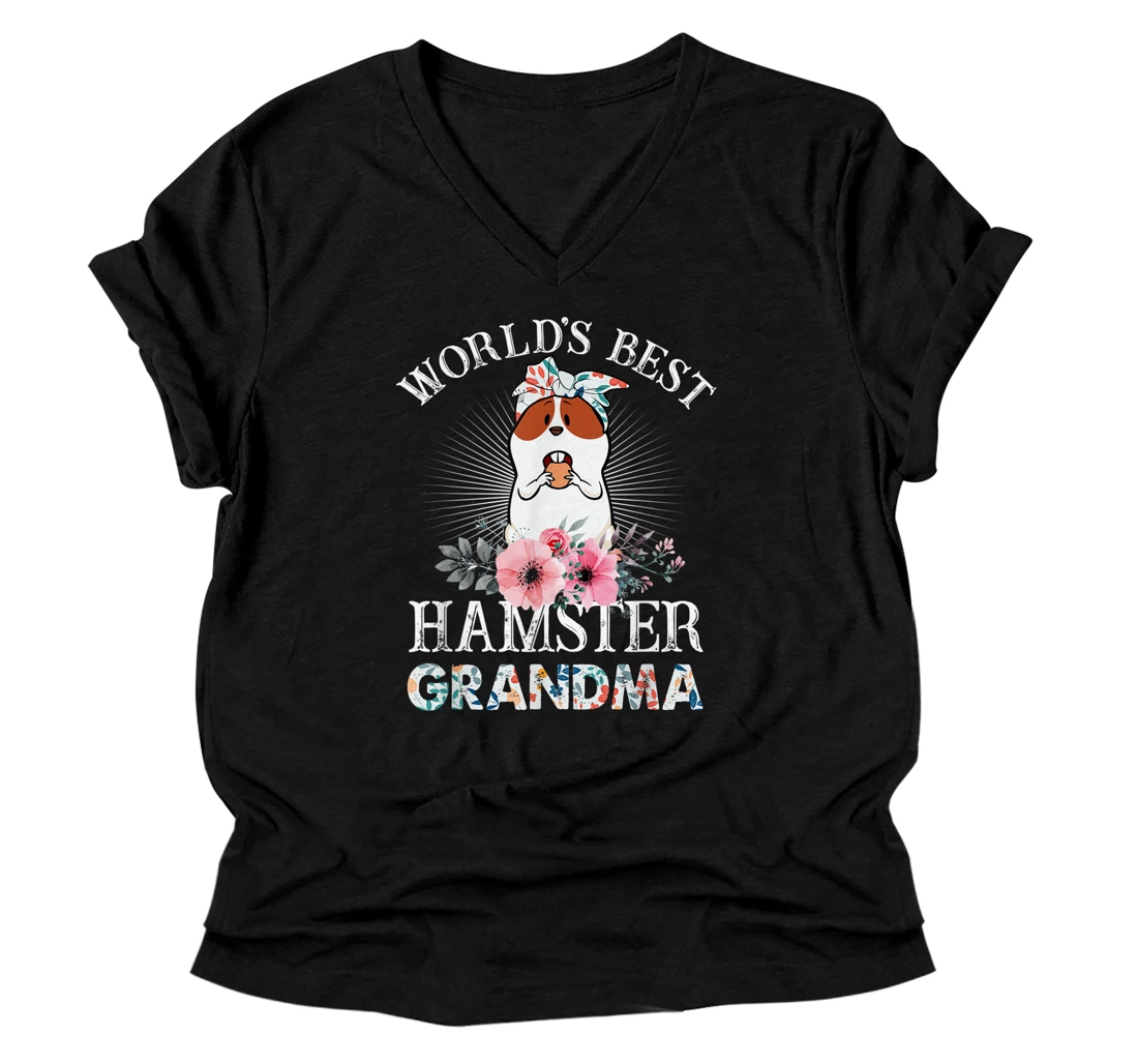 Personalized World's Best Hamster Grandma Floral V-Neck T-Shirt