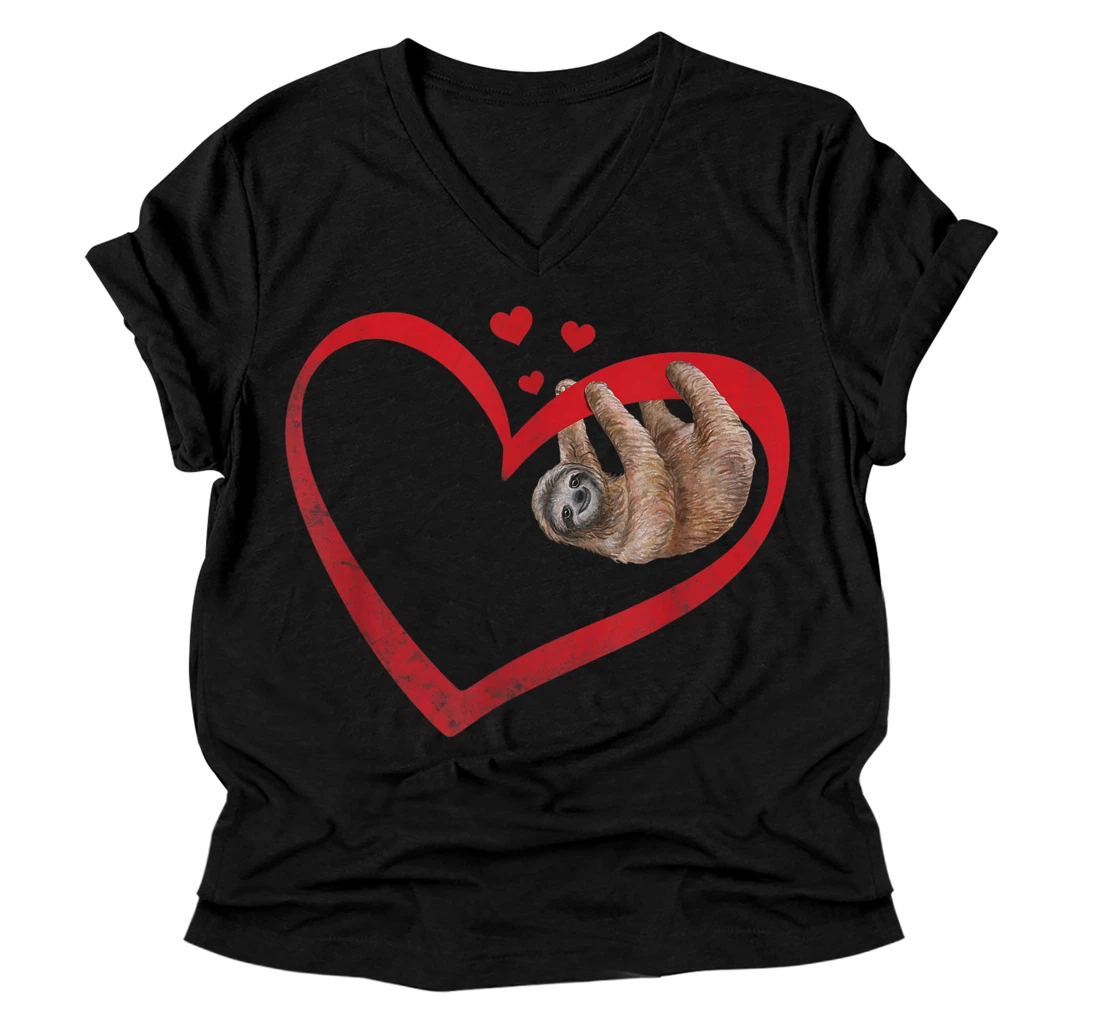 Personalized Sloth Valentine Heart Gift Valentines Day Sloth Lover Gift V-Neck T-Shirt