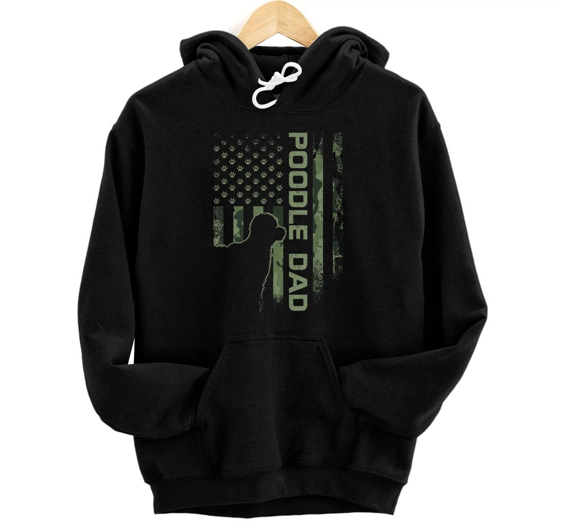 Personalized Vintage American Camo Flag Proud Poodle Dog Dad Silhouette Pullover Hoodie