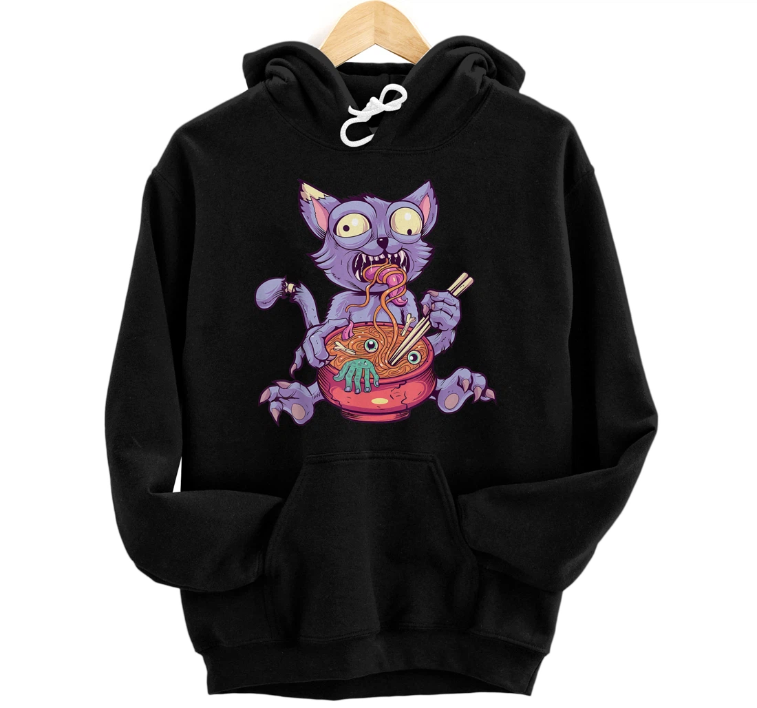 Personalized Kawaii Creepy Cat Eating Ramen Noodles Pastel Goth Aesthetic Pullover Hoodie