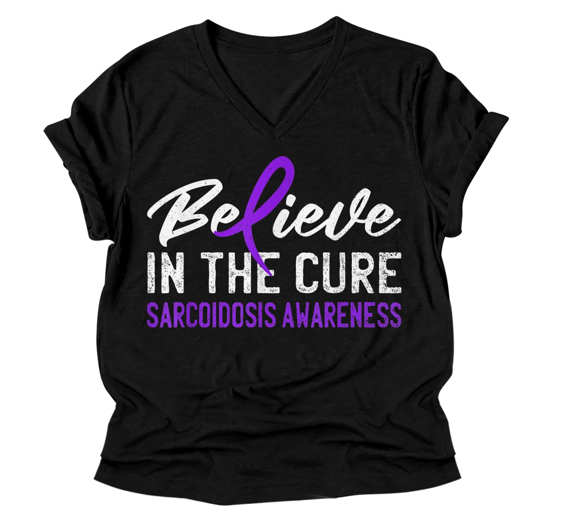 Personalized Believe In The Cure Sarcoidosis Awareness Sarc Purple Ribbon V-Neck T-Shirt